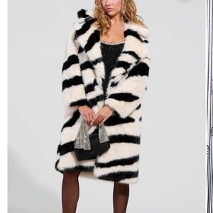 Chic Black and White Striped Faux Fur Coat